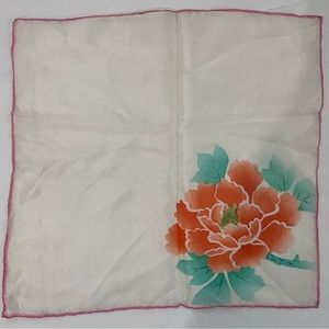 Vintage Silk Handkerchief Red Peony Floral Square Hanky Hand Rolled Edges 11”